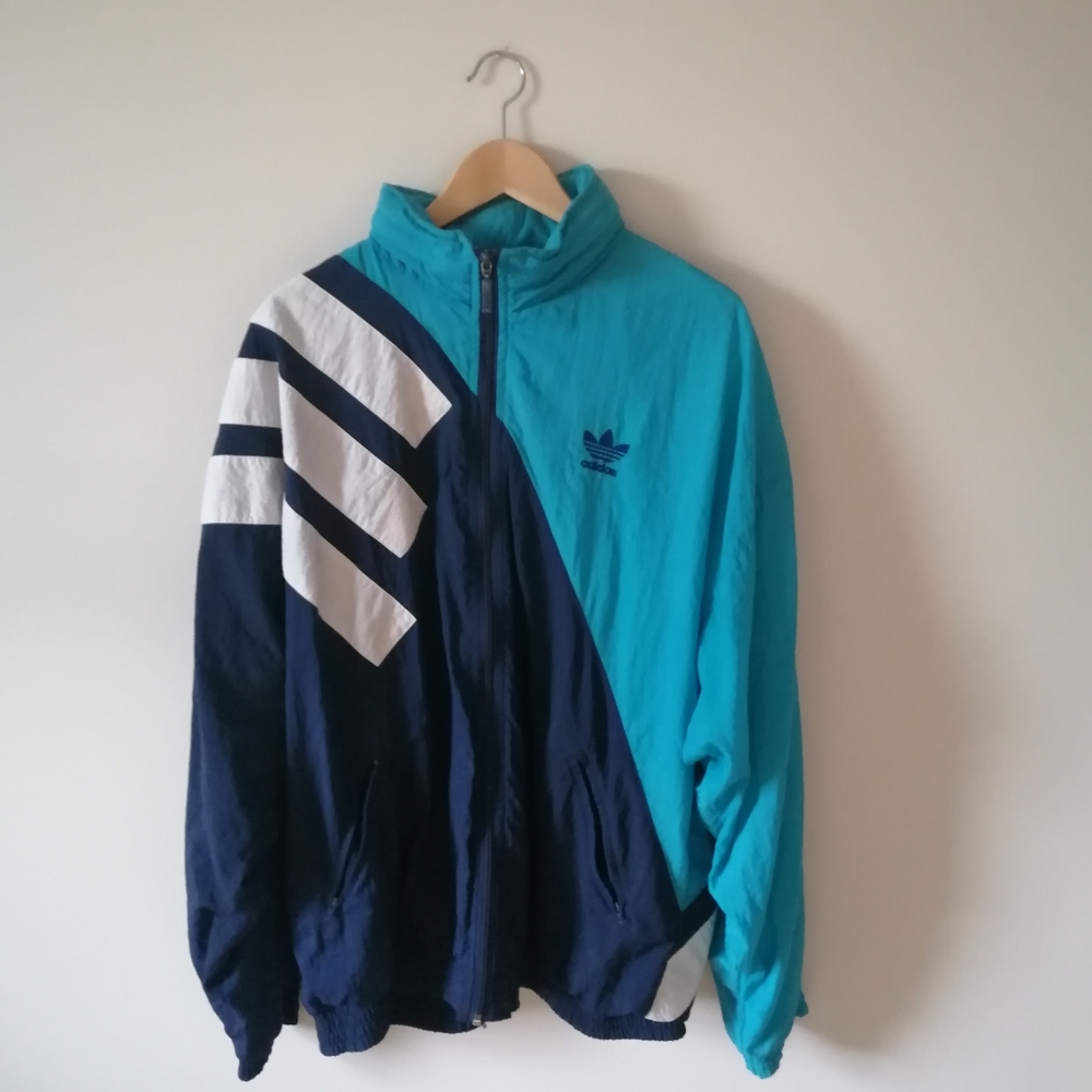 adidas Teal Navy White Colorblock Windbreaker Jacket